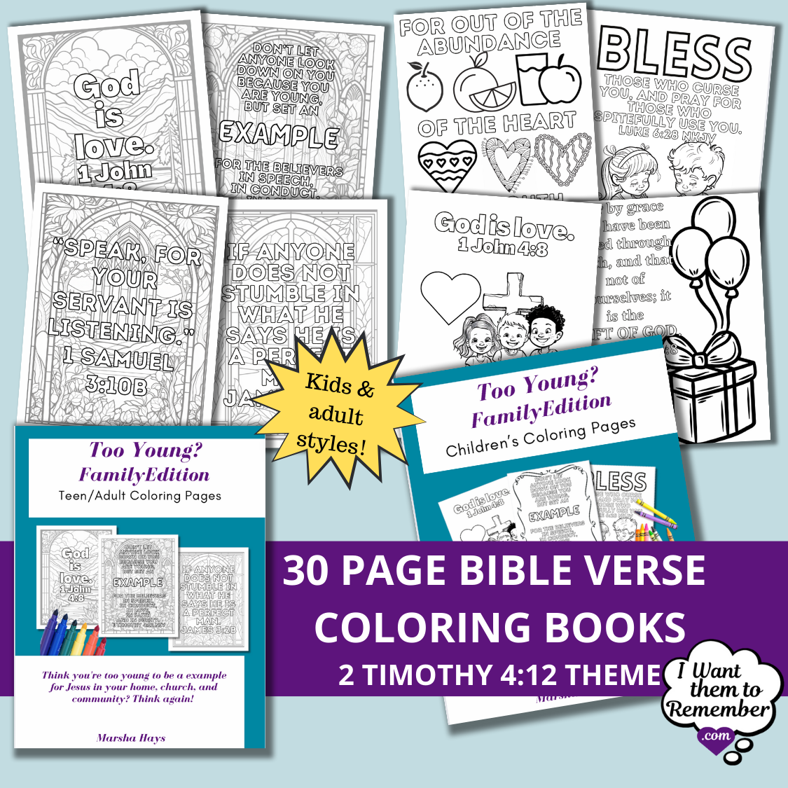 Too Young? Printable Scripture Coloring Books Based on 1 Timothy 4:12 in Two Styles