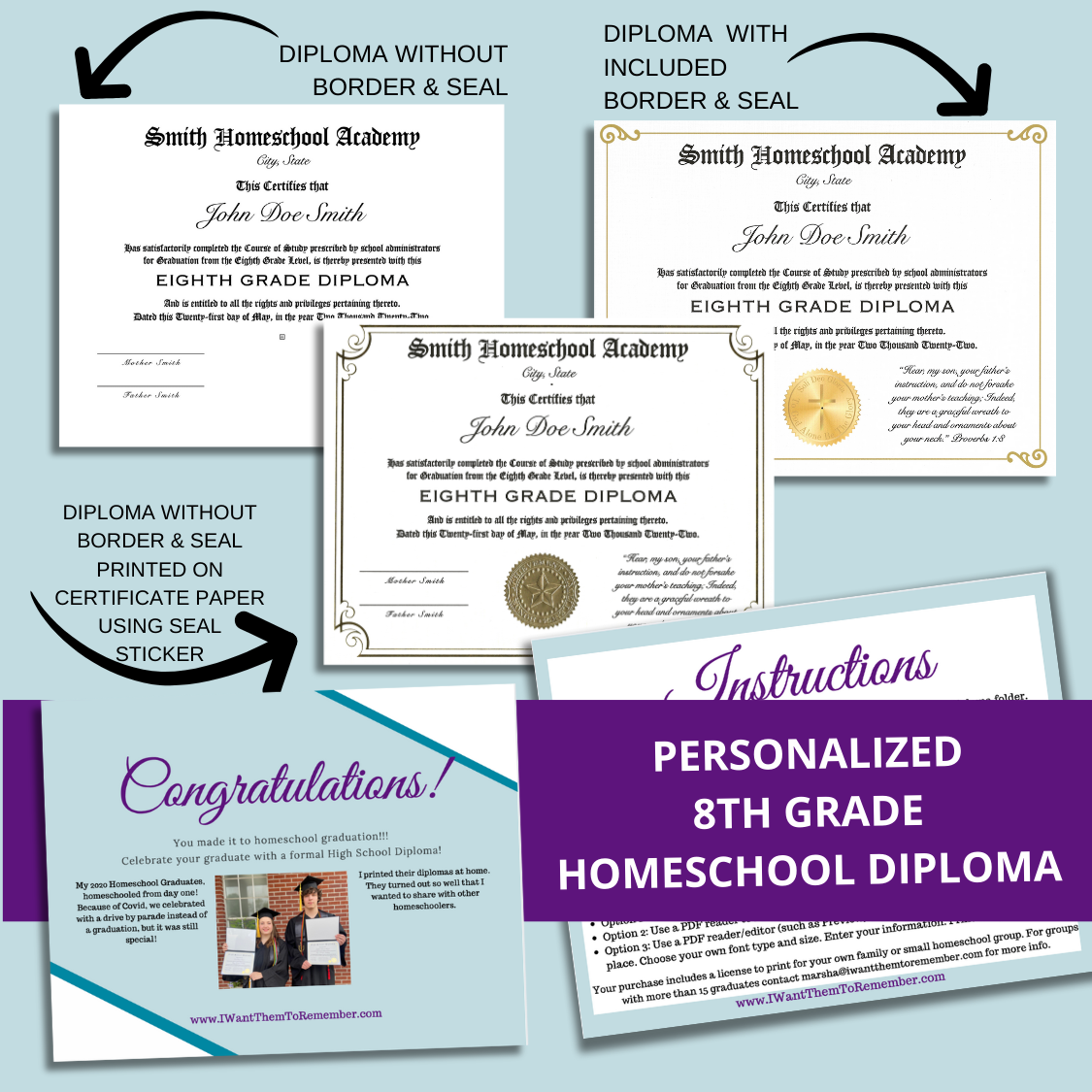 Personalized Printable High School or 8th Grade Homeschool Diploma