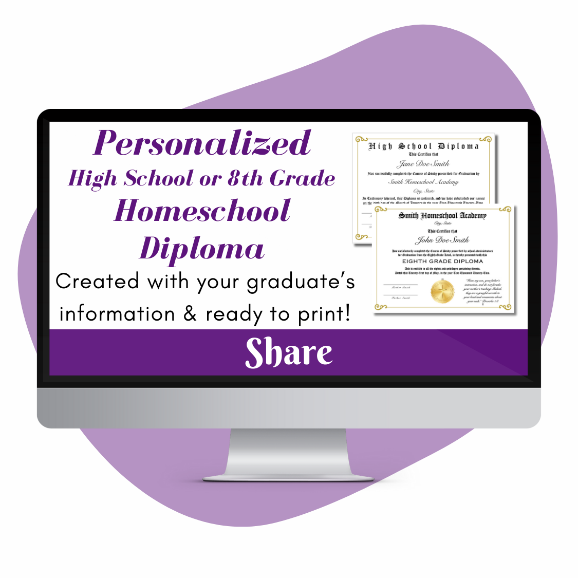 Personalized Printable High School or 8th Grade Homeschool Diploma