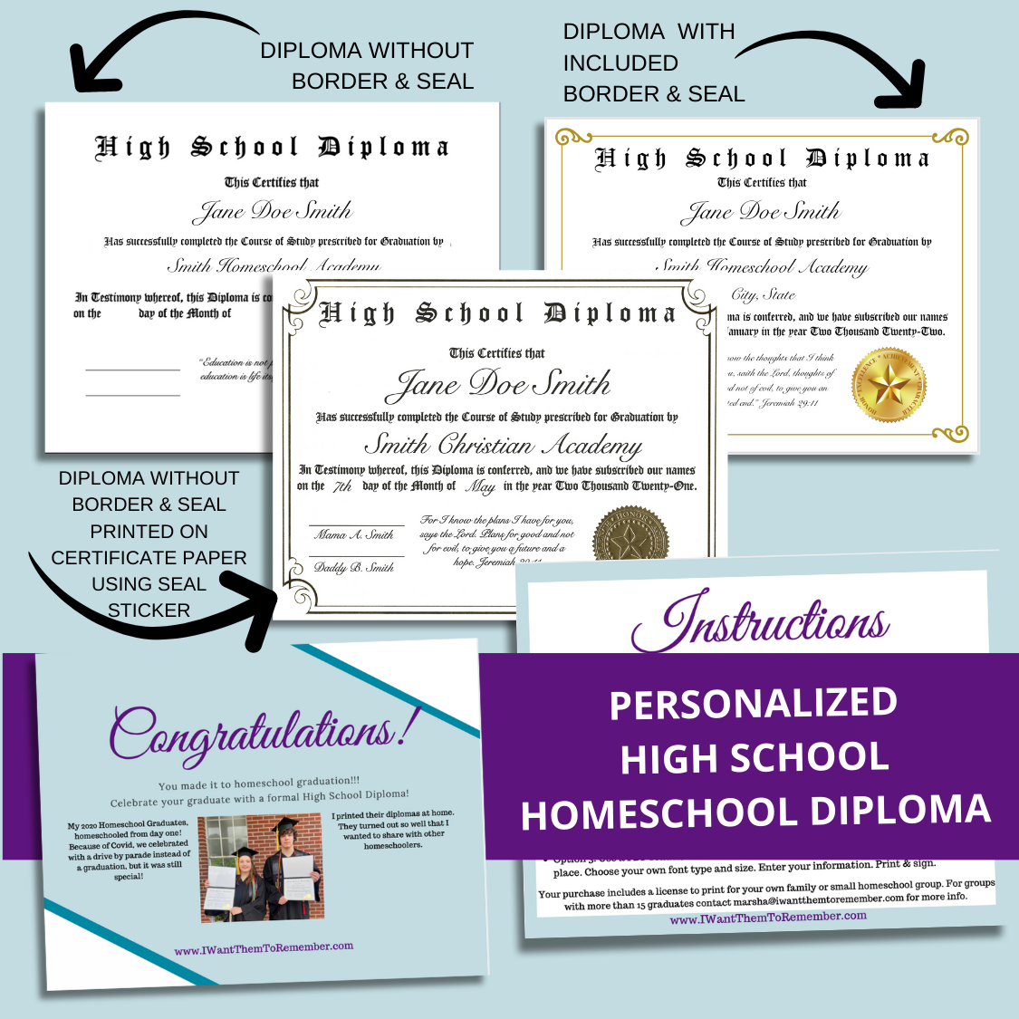 Personalized Printable High School or 8th Grade Homeschool Diploma